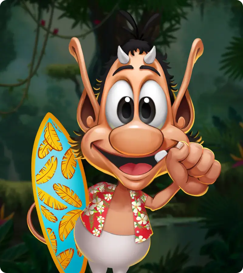 Hugo the Troll with a surfboard