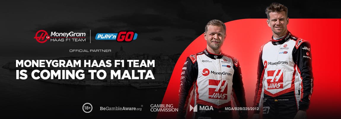 Play'n GO logo with Haas F1 Team Nico Hülkenberg and Kevin Magnussen